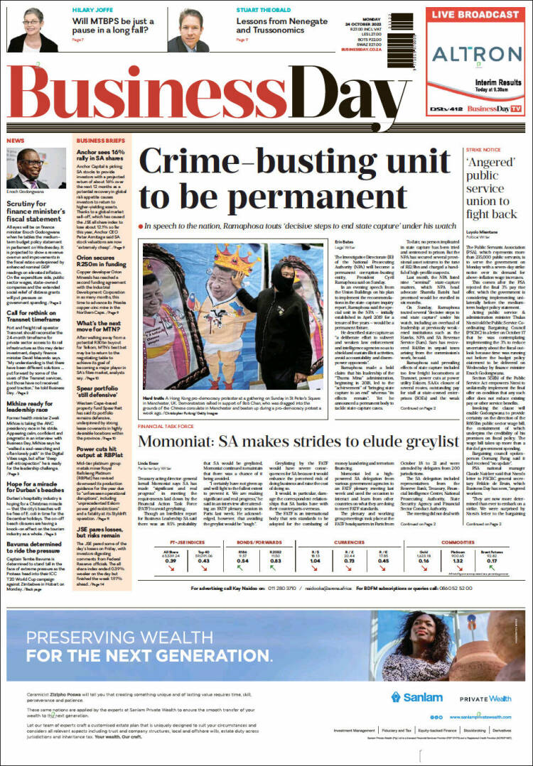 Portada de Business Day (Sud&aacute;frica)