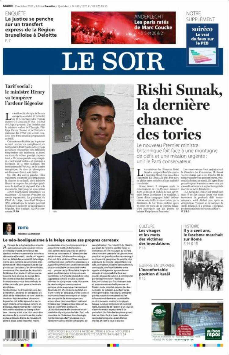 Portada de Le Soir (B&eacute;lgica)