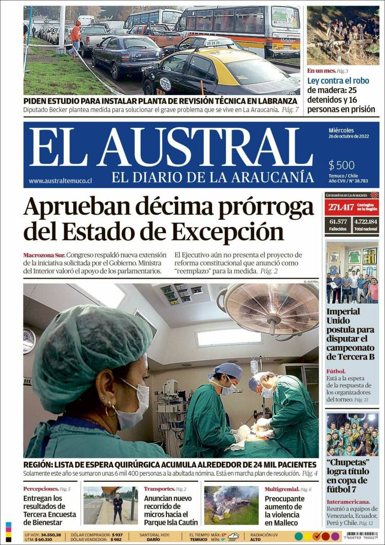 Portada de El Austral de Temuco (Chile)