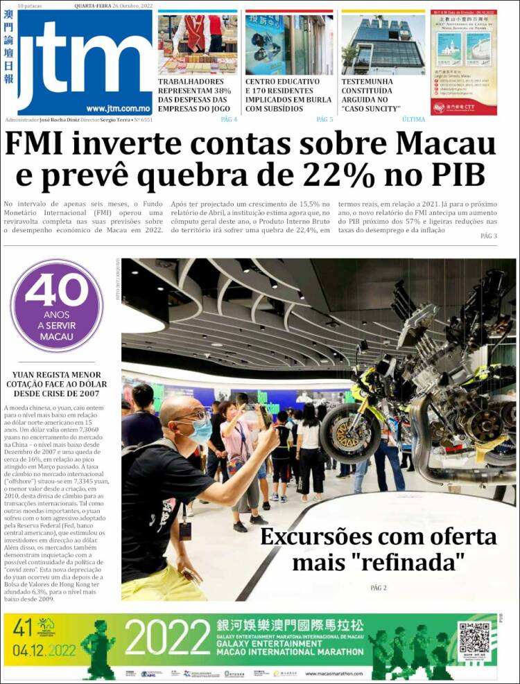 Portada de Jornal Tribuna de Macau (China)