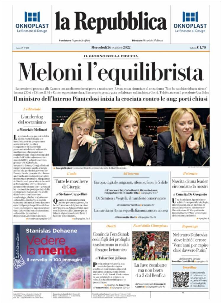 Portada de La Repubblica (Italia)