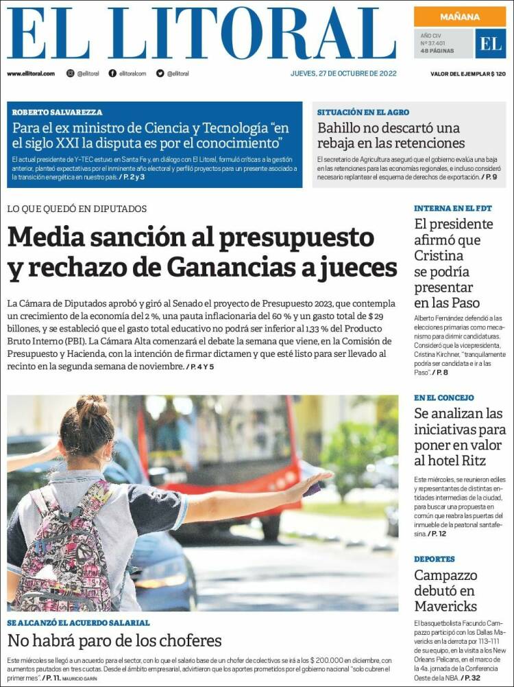 Portada de Diario El Litoral (Argentina)