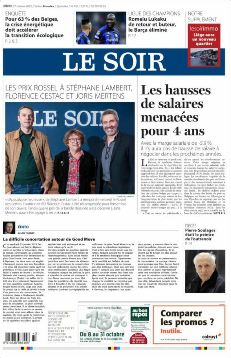 Portada de Le Soir (B&eacute;lgica)