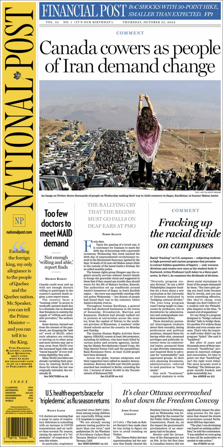 Portada de The National Post (Canada)