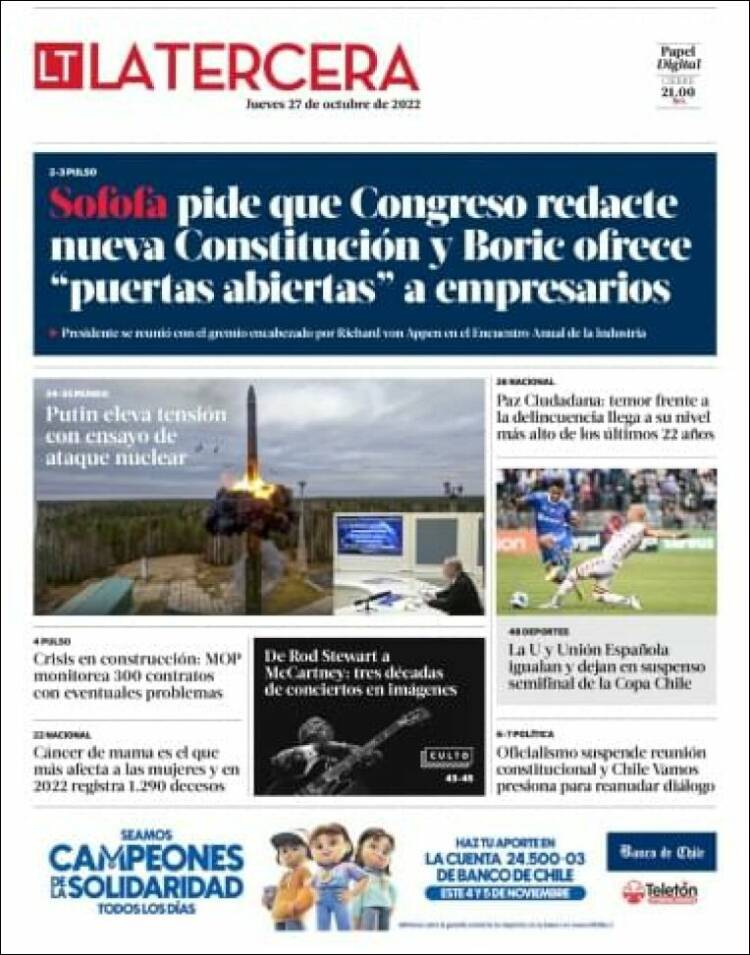 Portada de La Tercera (Chile)