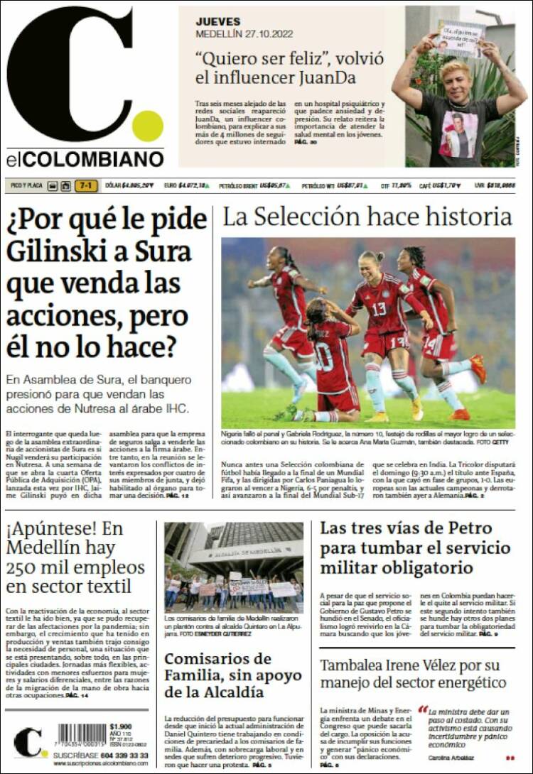 Portada de El Colombiano (Colombia)