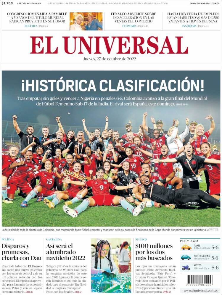 Portada de El Universal (Colombia)