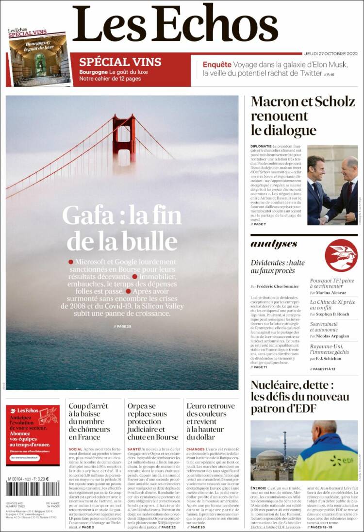 Portada de Les Echos (France)