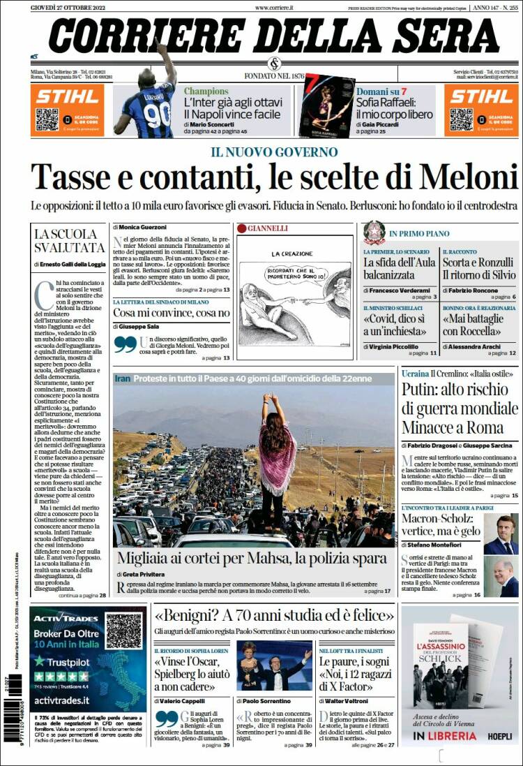 Portada de Corriere della Sera (Italia)