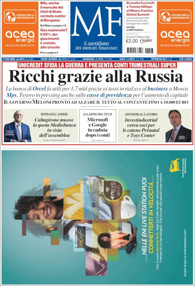 Portada de Milano Finanza (Italia)