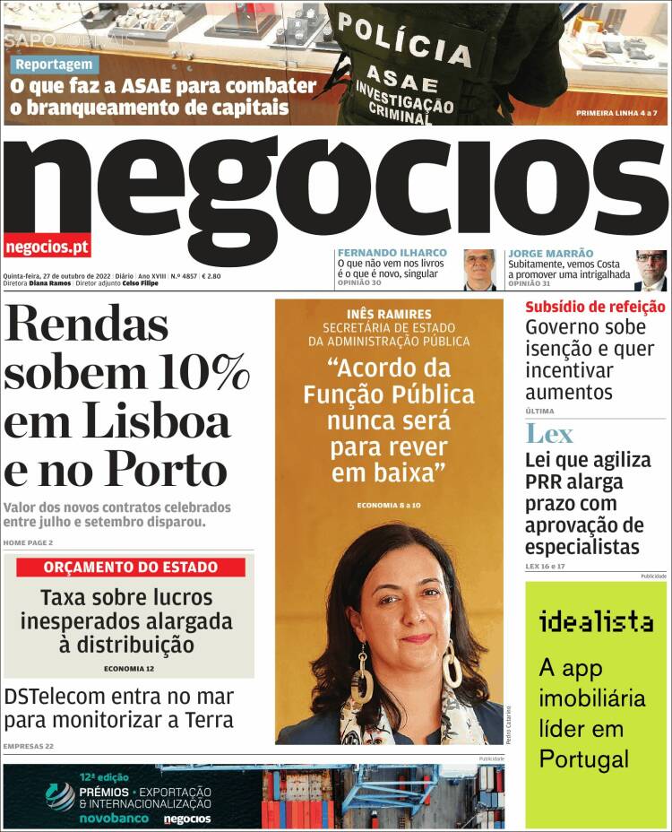 Portada de Jornal de Negócios (Portugal)