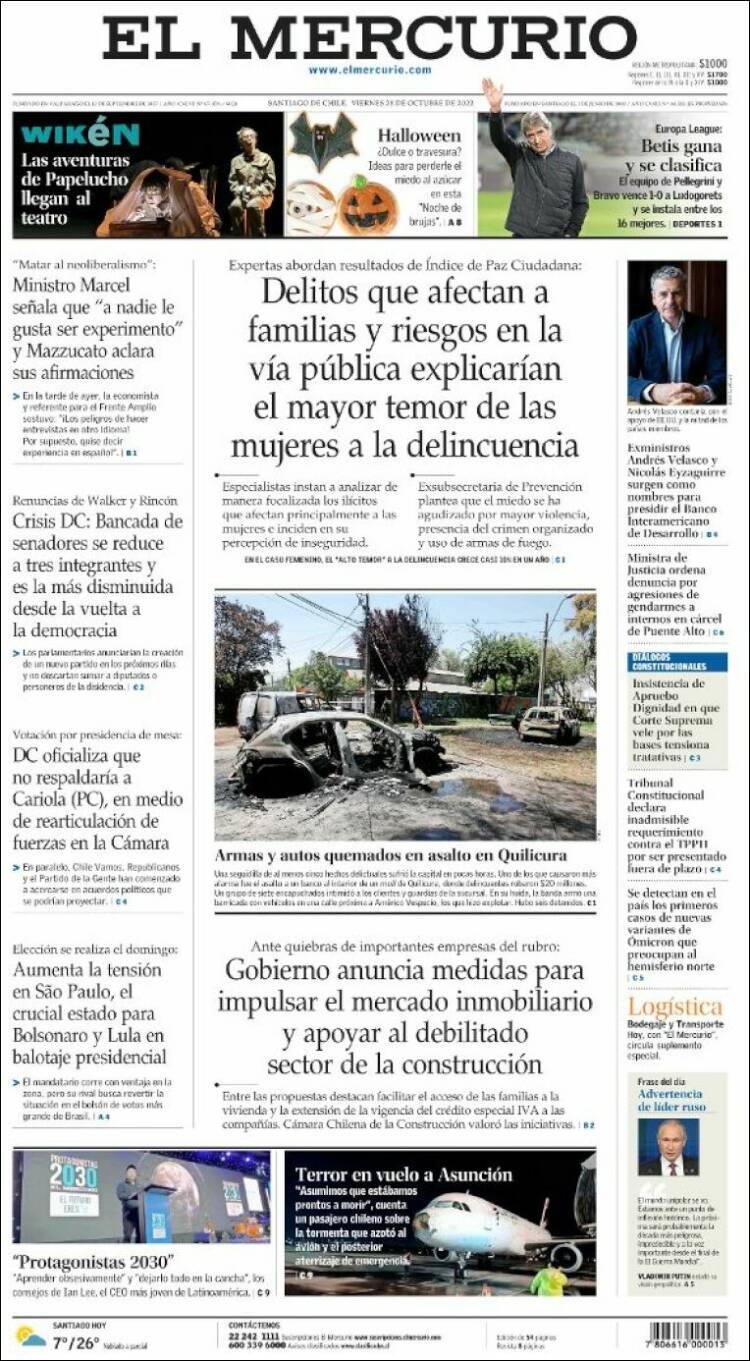 Portada de El Mercurio (Chili)