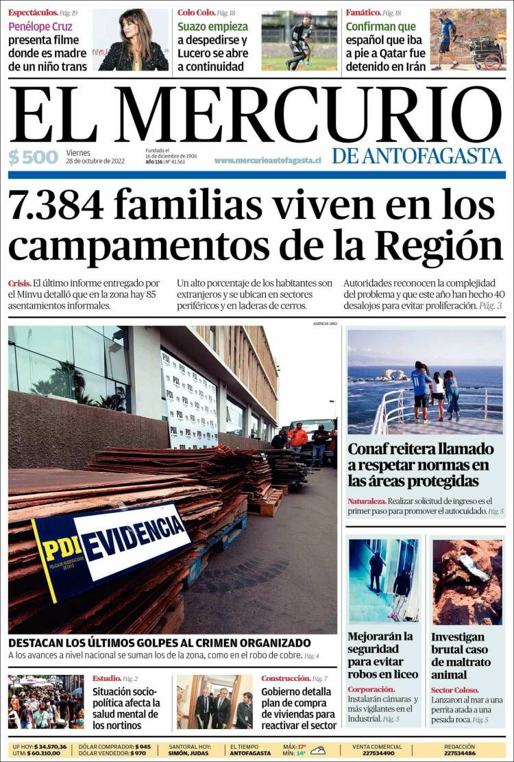 Portada de El Mercurio de Antofagasta (Chili)