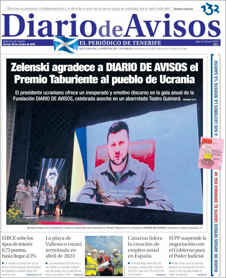 Portada de Diarios de Avisos (Espagne)