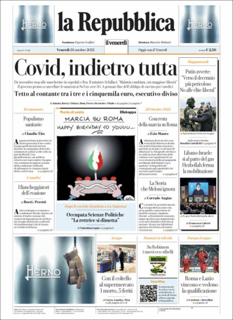 Portada de La Repubblica (Italie)