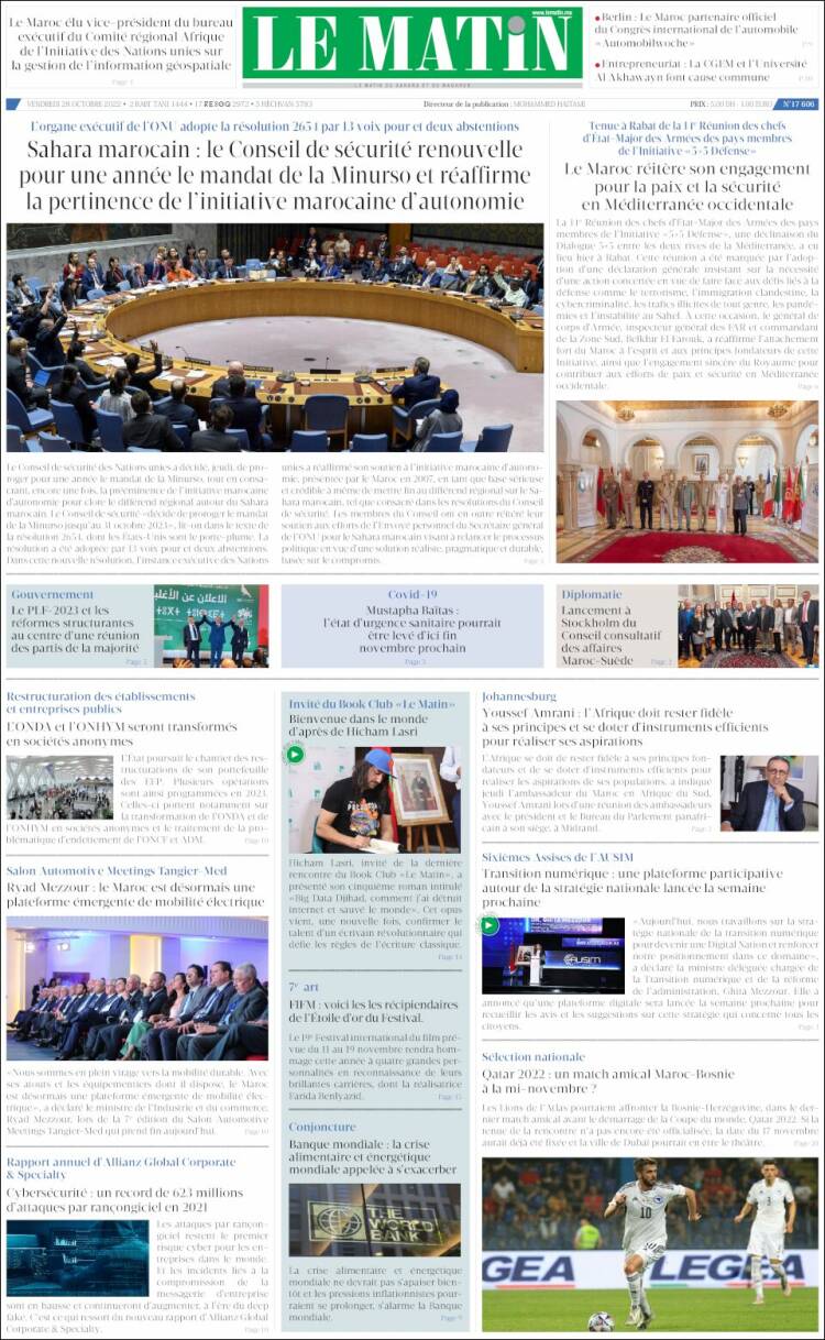Portada de Le Matin (Maroc)