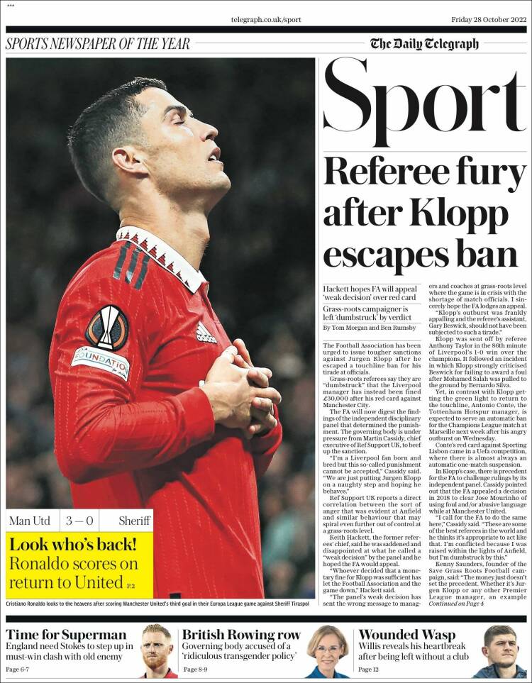 Portada de Telegraph Sport (Reino Unido)
