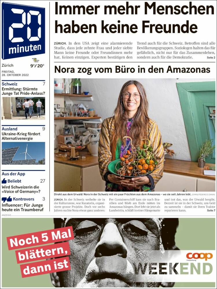 Portada de 20Minuten - Zürich (Suiza)