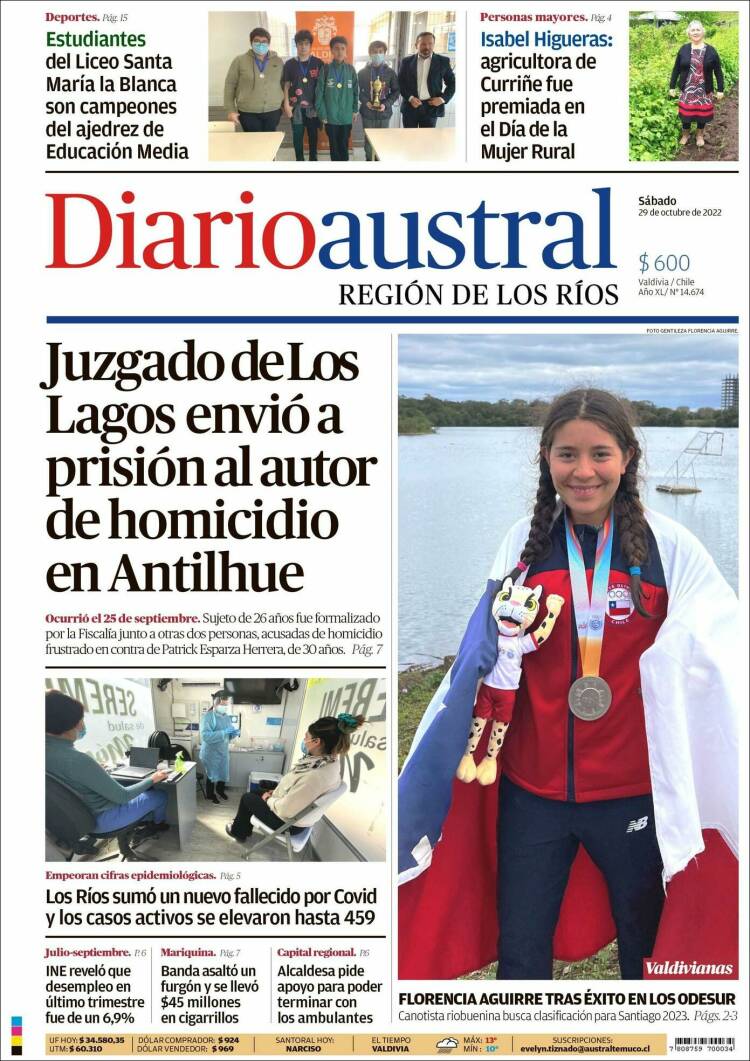 Portada de El Diario Austral de Valdivia (Chili)