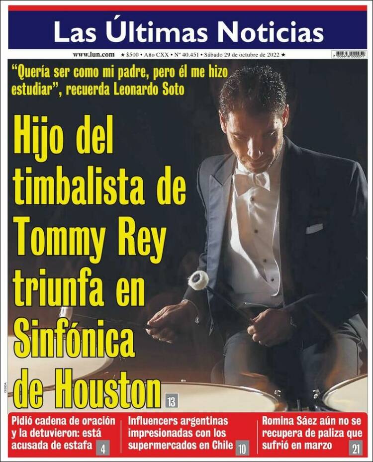 Portada de Las Últimas Noticias (Chili)