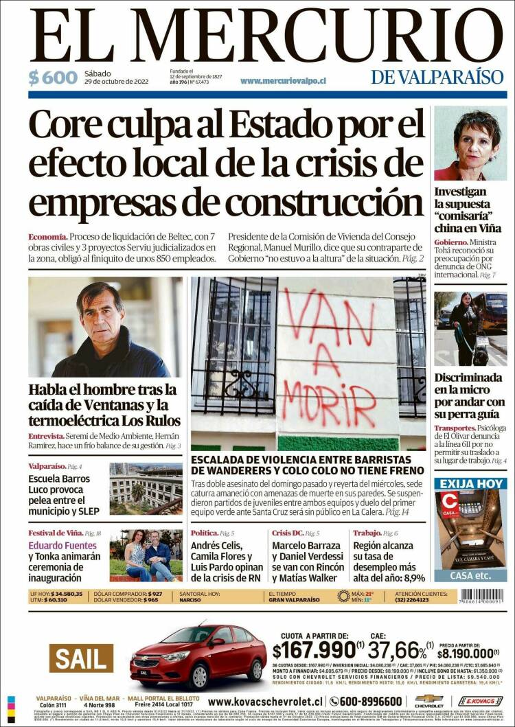 Portada de Mercurio de Valparaiso (Chili)