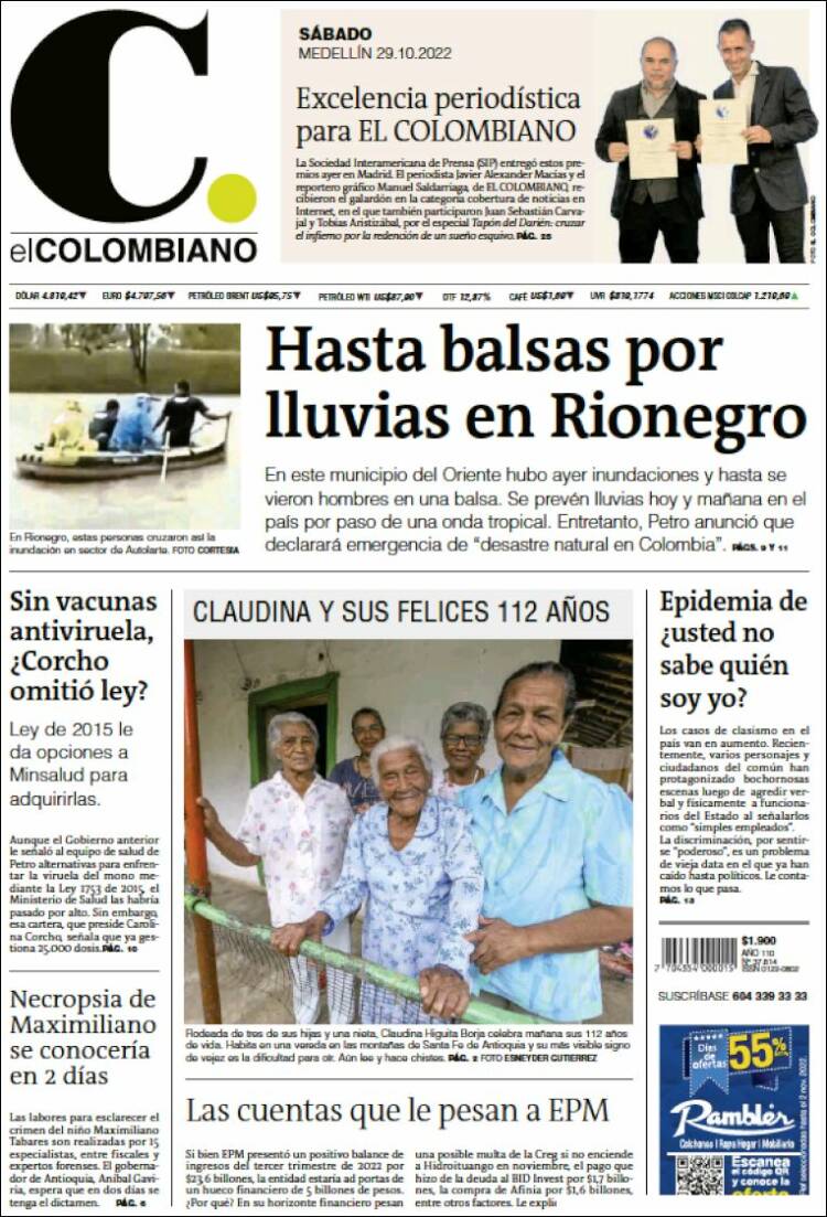 Portada de El Colombiano (Colombia)
