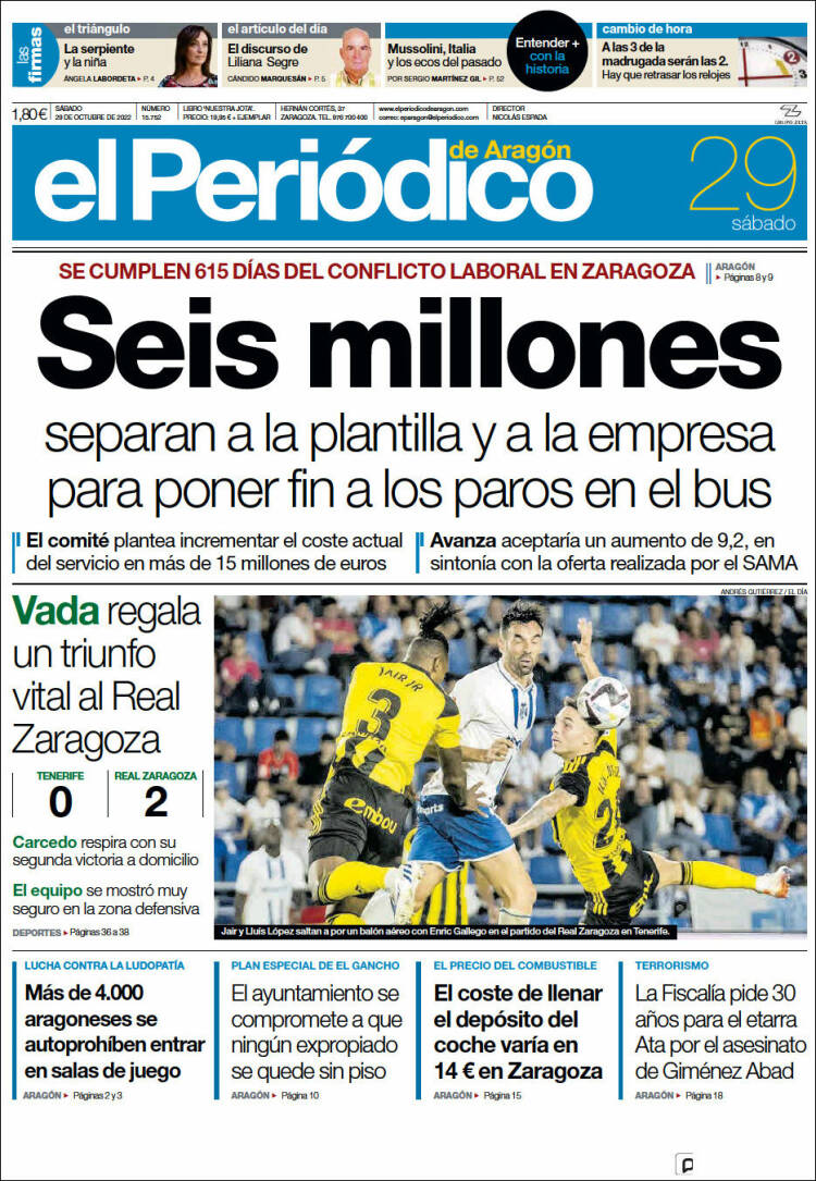 Portada de El Periódico de Aragón (España)