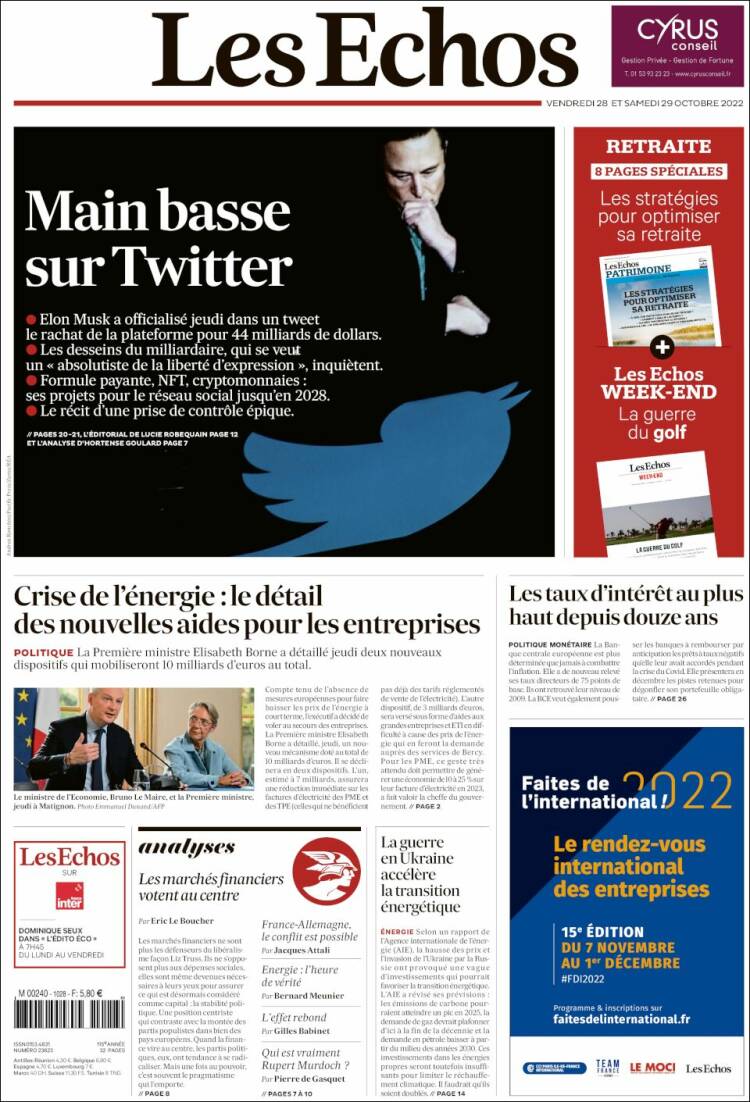Portada de Les Echos (Francia)