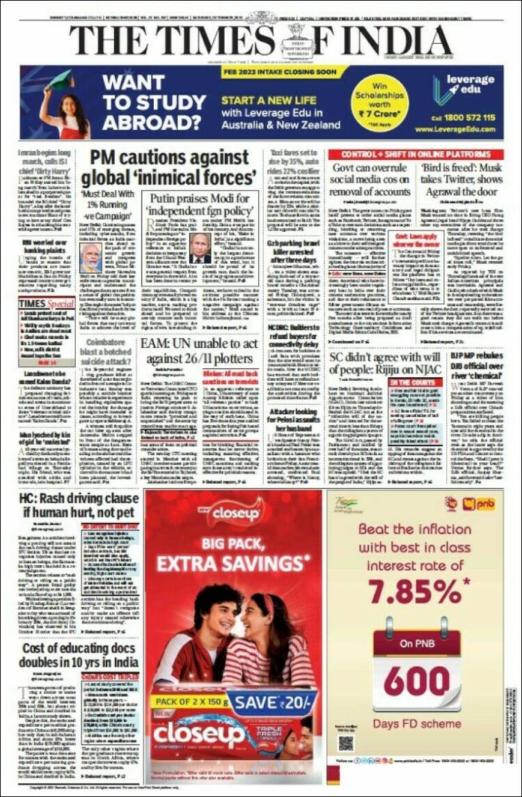 Portada de The Times of India (India)