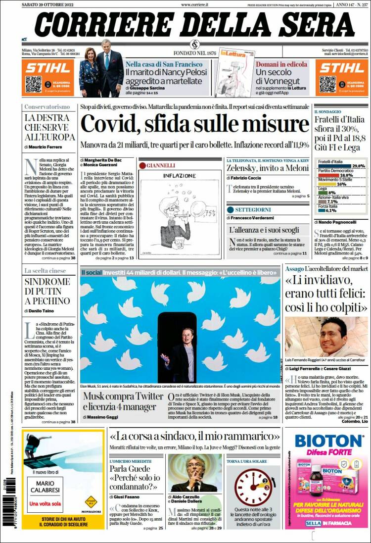 Portada de Corriere della Sera (Italia)