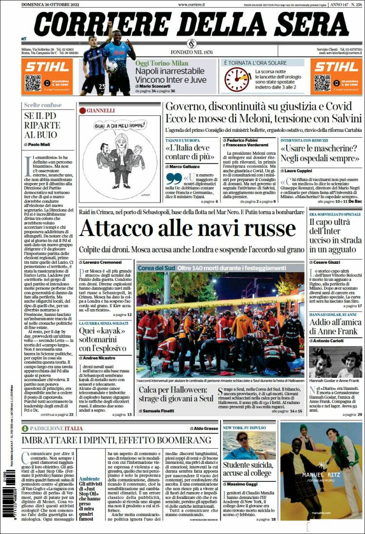 Portada de Corriere della Sera (Italia)