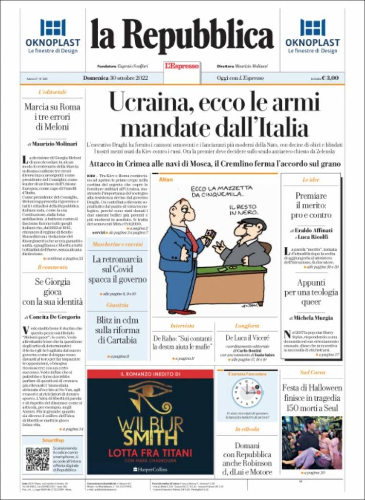 Portada de La Repubblica (Italia)