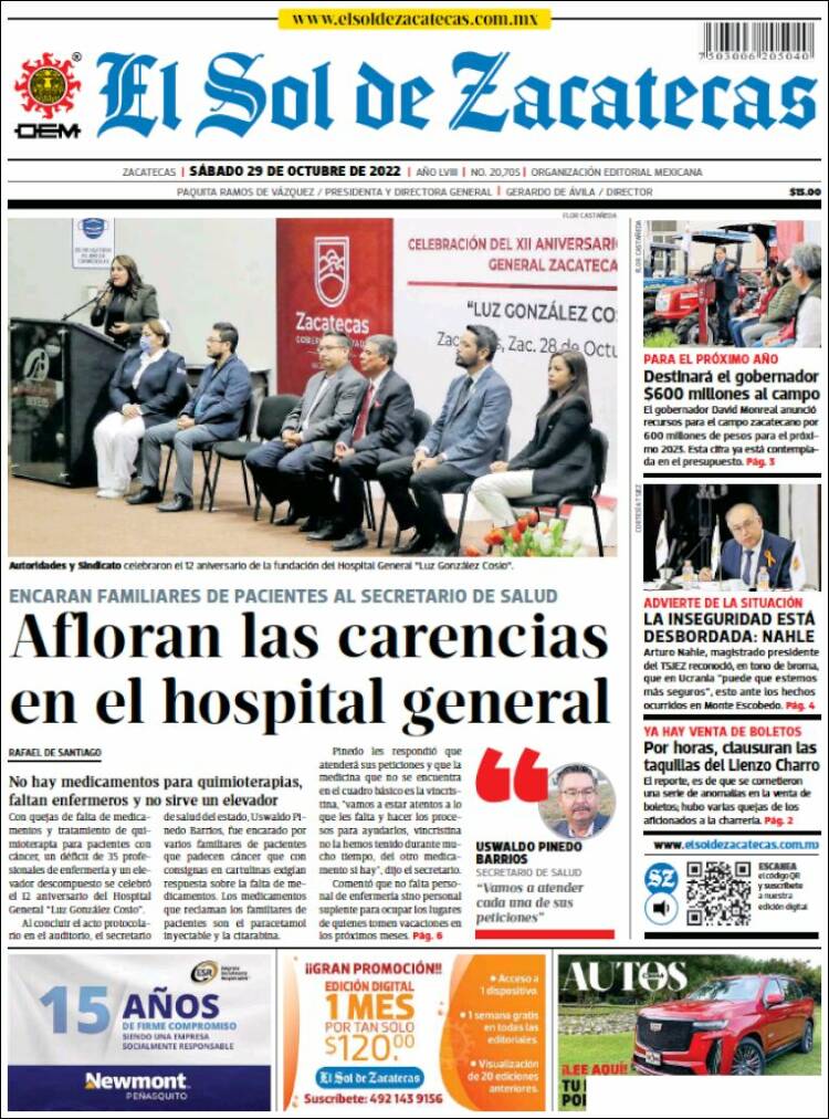 Portada de El Sol de Zacatecas (M&eacute;xico)