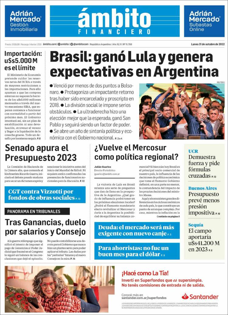 Portada de Diario Ambito Financiero (Argentina)