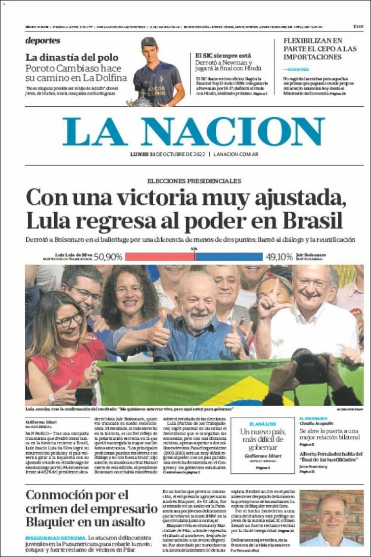 Portada de La Nación (Argentina)
