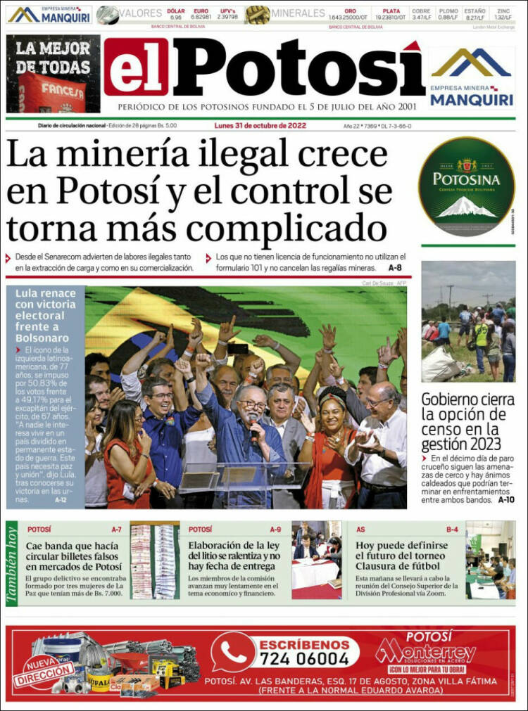 Portada de Diario de Potosí (Bolivia)