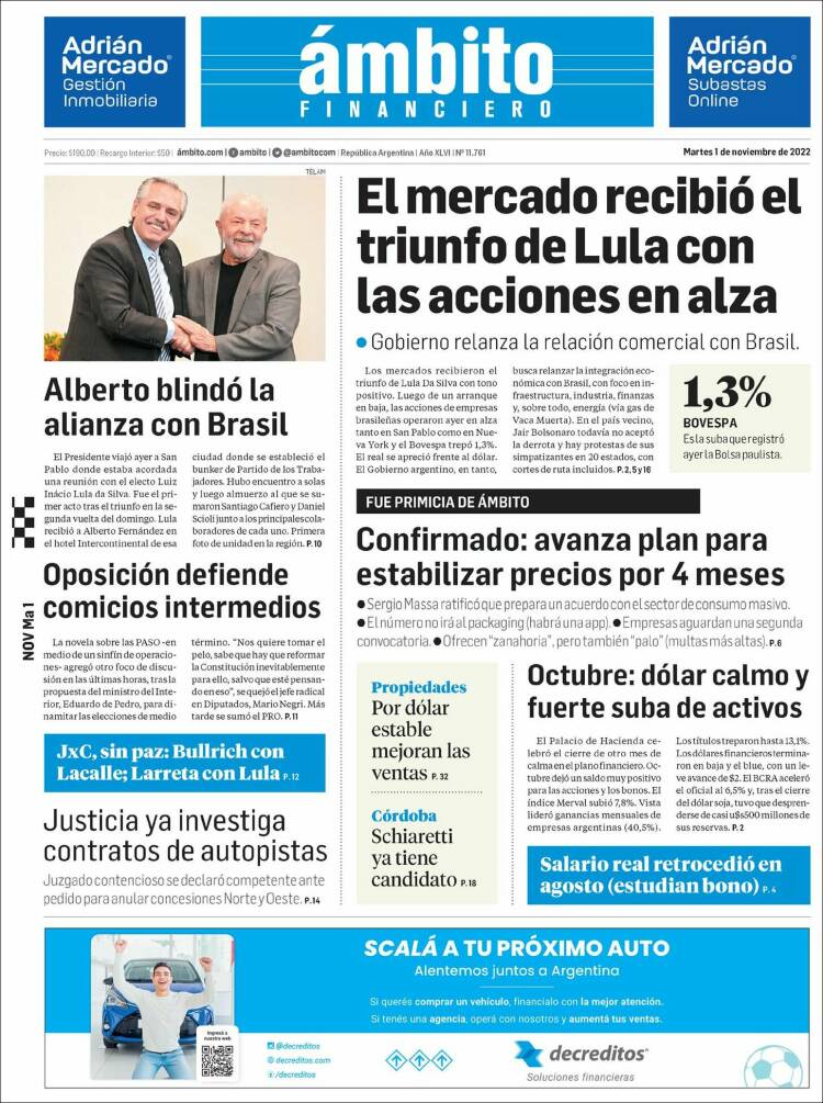 Portada de Diario Ambito Financiero (Argentine)