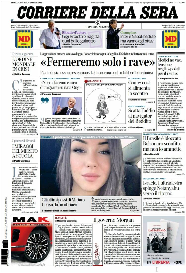 Portada de Corriere della Sera (Italia)