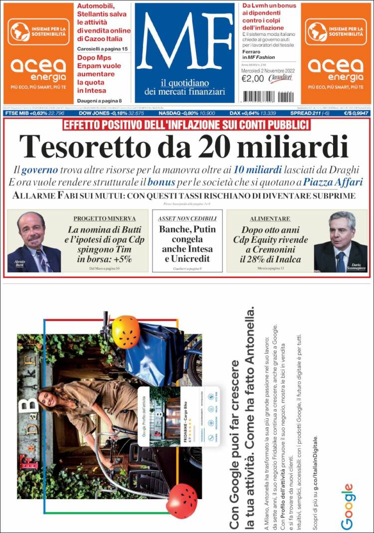 Portada de Milano Finanza (Italia)