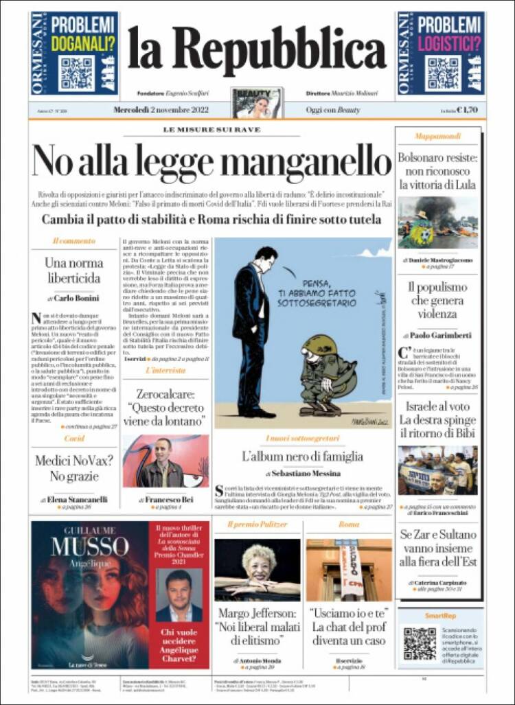 Portada de La Repubblica (Italia)