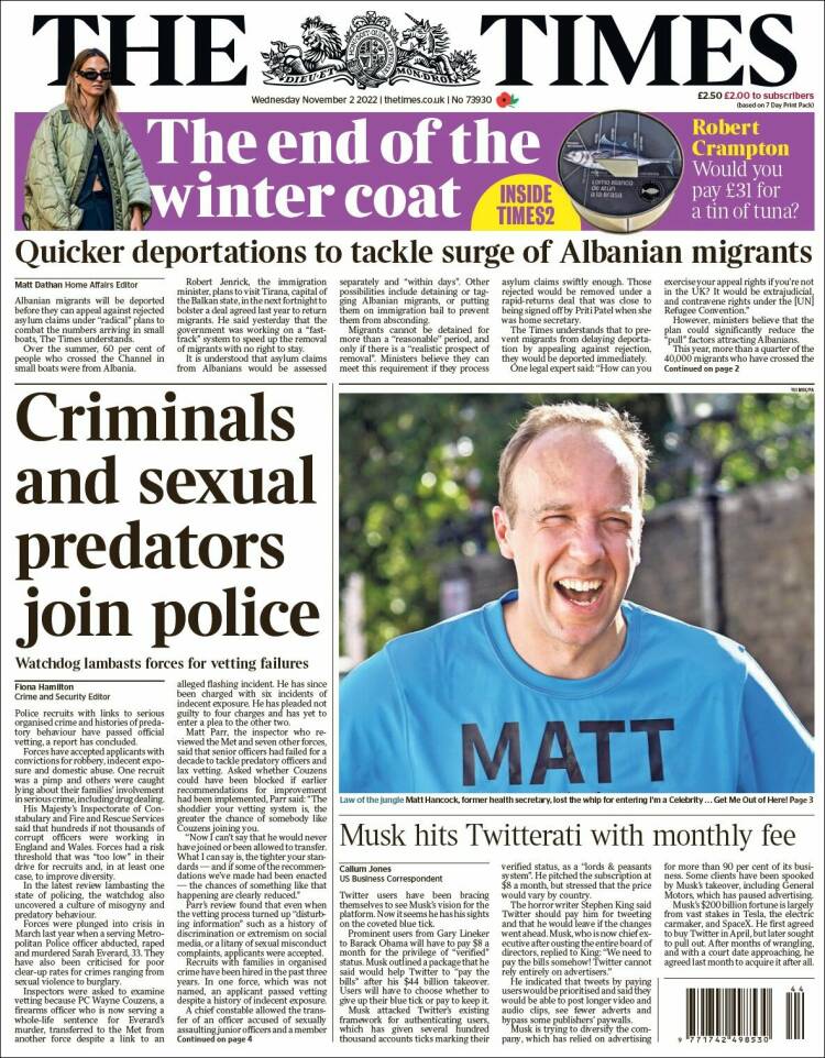 Portada de The Times (Reino Unido)