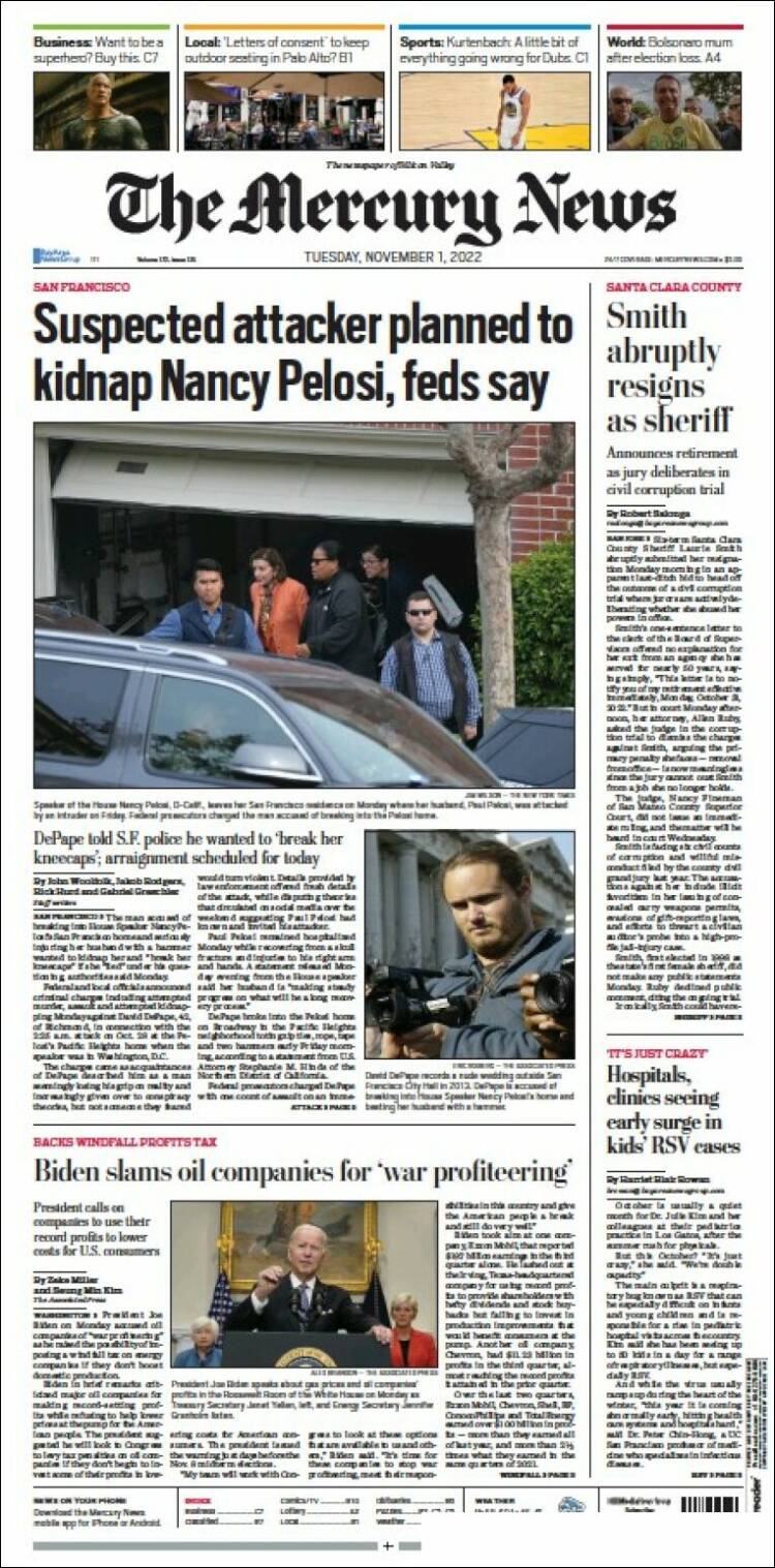 Portada de San Jose Mercury News (USA)