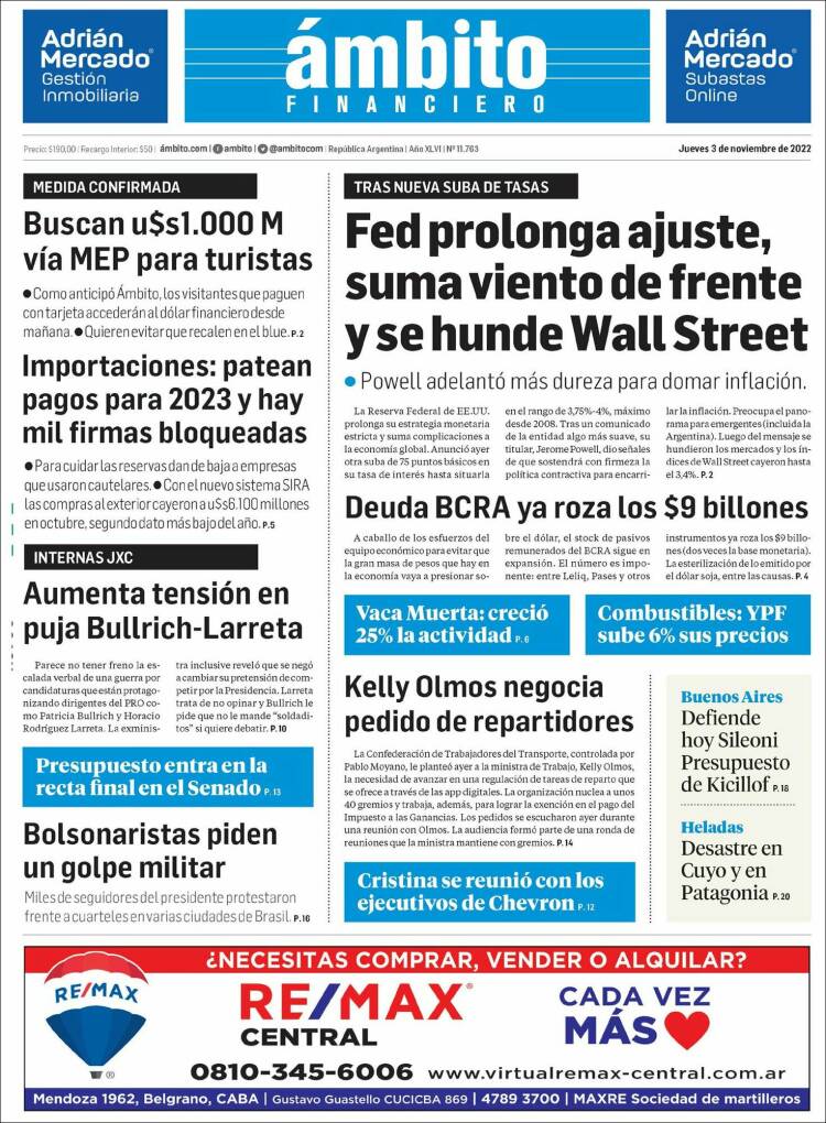 Portada de Diario Ambito Financiero (Argentina)