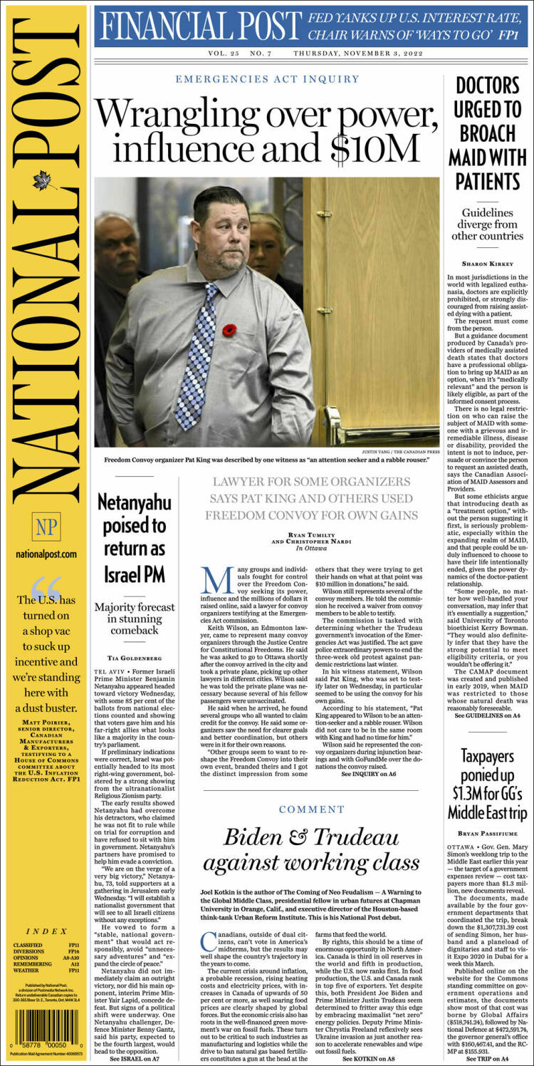 Portada de The National Post (Canada)