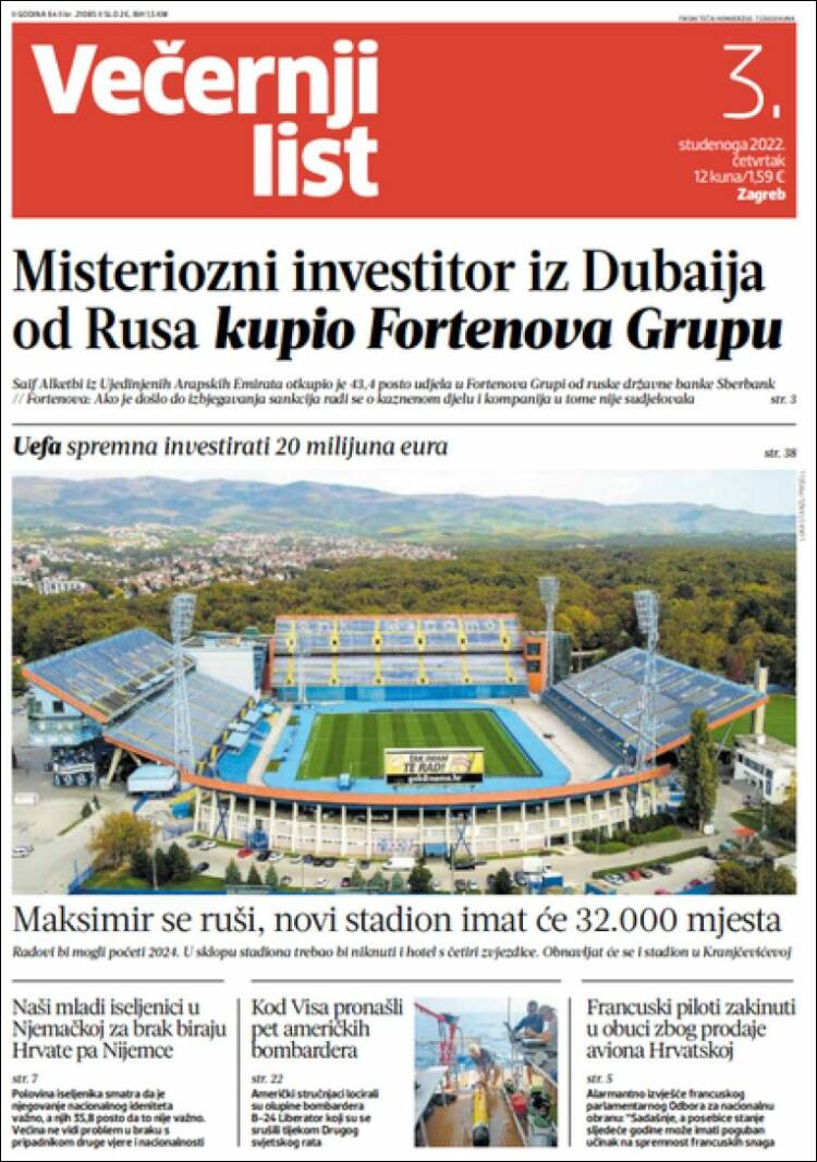 Portada de Večernji (Croacia)