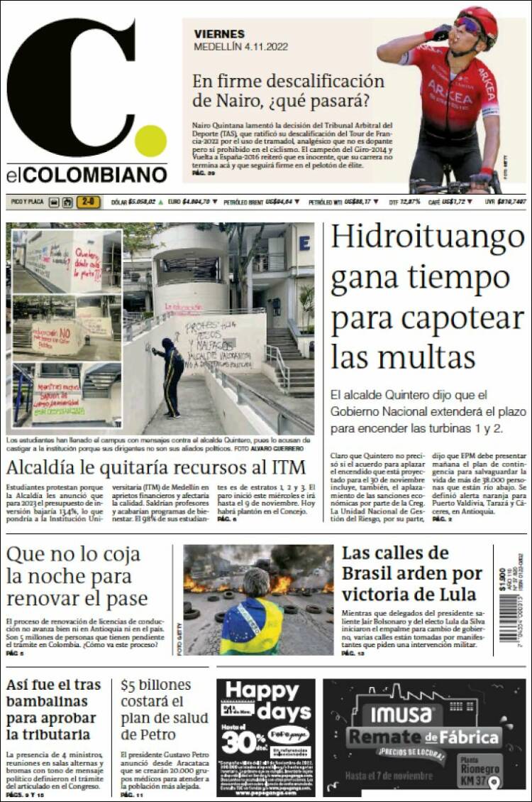 Portada de El Colombiano (Colombia)
