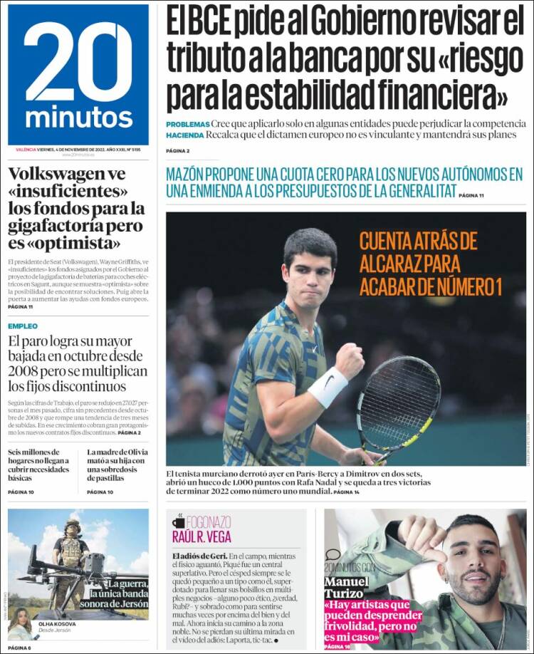 Portada de 20 Minutos - Valencia (España)