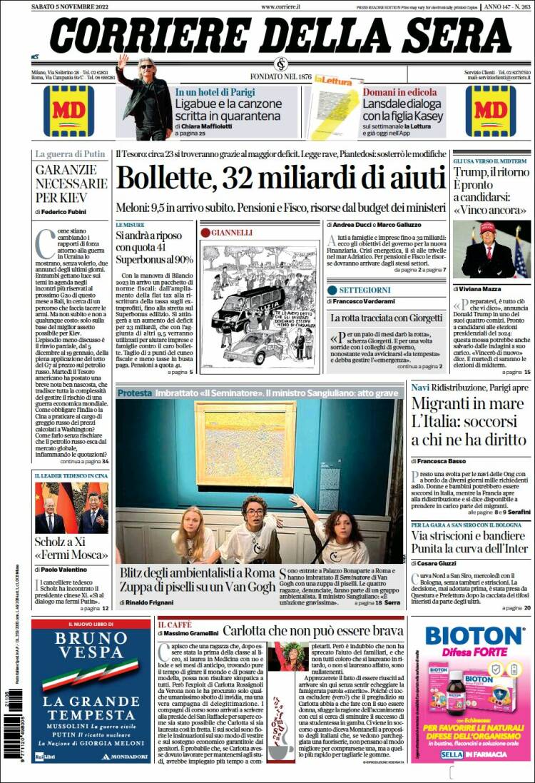 Portada de Corriere della Sera (Italia)