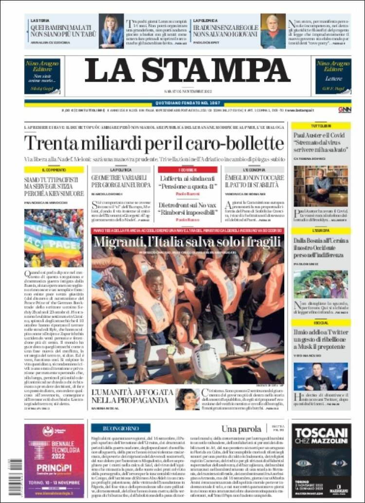 Portada de La Stampa (Italia)