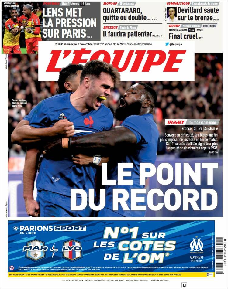 Portada de L'Equipe (Francia)